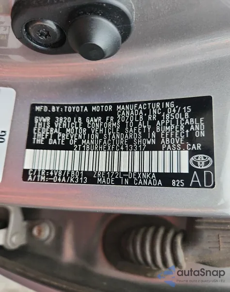 2015 Toyota Corolla L z USA, uszkodzony, nr VIN 2T1BURHEXFC413317